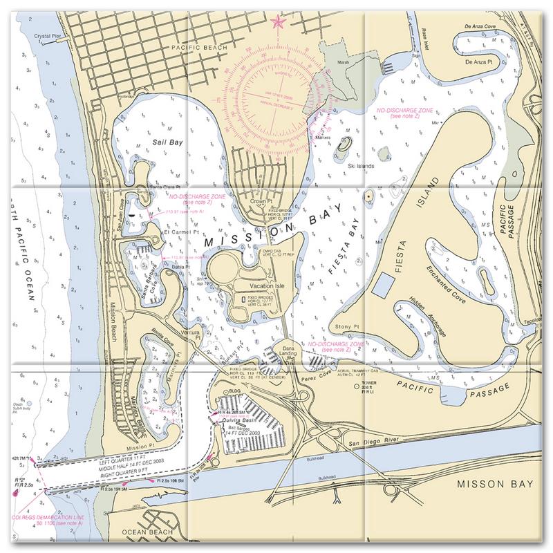 Mission Bay California Nautical Chart Tile Mural-Kitchen Backsplash-Bathroom Tile-Countertop by SeaKoast