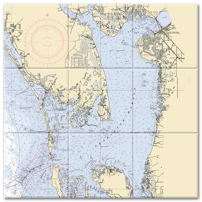 Charlotte Harbor Florida Nautical Chart Tile Mural-Kitchen Backsplash-Bathroom Tile-Countertop by SeaKoast
