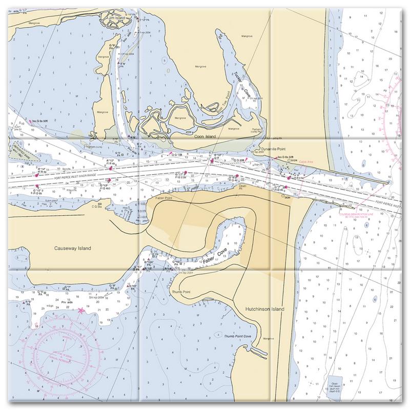 Fort Pierce Inlet Florida Nautical Chart Tile Mural-Kitchen Backsplash-Bathroom Tile-Countertop by SeaKoast