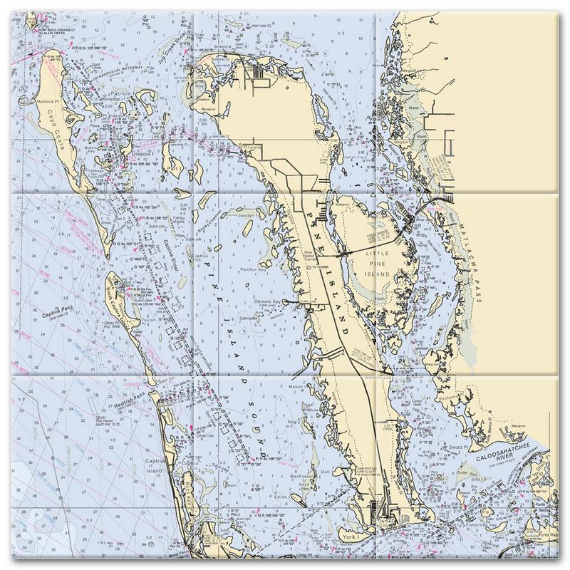 Pine Island Florida Nautical Chart Tile Mural-Kitchen Backsplash-Bathroom Tile-Countertop by SeaKoast