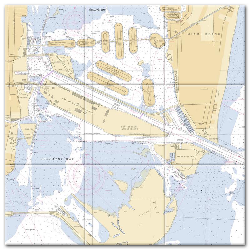 Port Of Miami Florida Nautical Chart Tile Mural-Kitchen Backsplash-Bathroom Tile-Countertop by SeaKoast