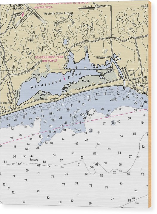 Atlantic Beach-Rhode Island Nautical Chart Wood Print