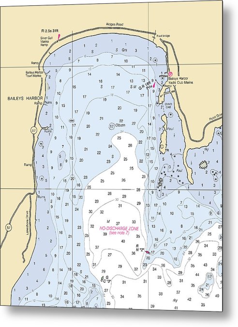 A beuatiful Metal Print of the Baileys Harbor-Lake Michigan Nautical Chart - Metal Print by SeaKoast.  100% Guarenteed!