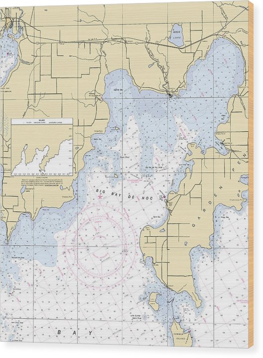 Big Bay De Noc-Lake Michigan Nautical Chart Wood Print