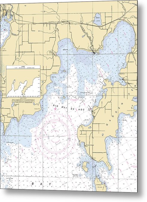 A beuatiful Metal Print of the Big Bay De Noc-Lake Michigan Nautical Chart - Metal Print by SeaKoast.  100% Guarenteed!