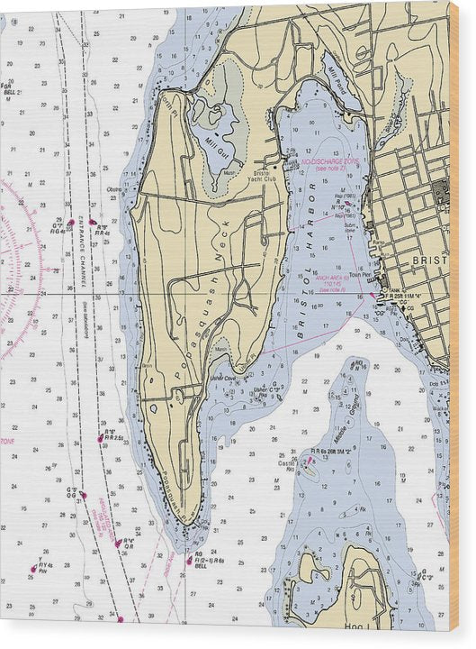 Bristol Harbor-Rhode Island Nautical Chart Wood Print