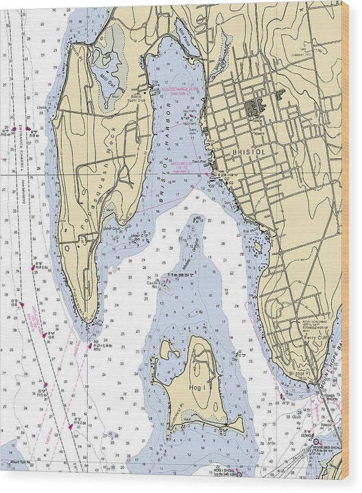 Bristol-Rhode Island Nautical Chart Wood Print