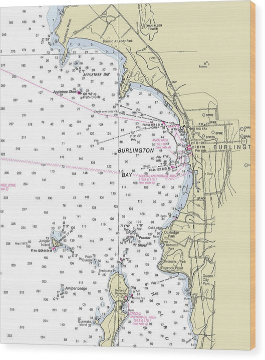Burlington Bay Lake Champlain Nautical Chart Wood Print