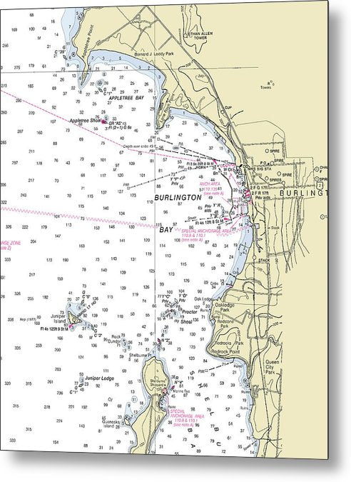 A beuatiful Metal Print of the Burlington Bay Lake Champlain Nautical Chart - Metal Print by SeaKoast.  100% Guarenteed!