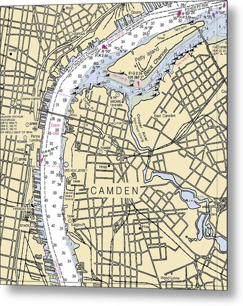 A beuatiful Metal Print of the Camden-New Jersey Nautical Chart - Metal Print by SeaKoast.  100% Guarenteed!