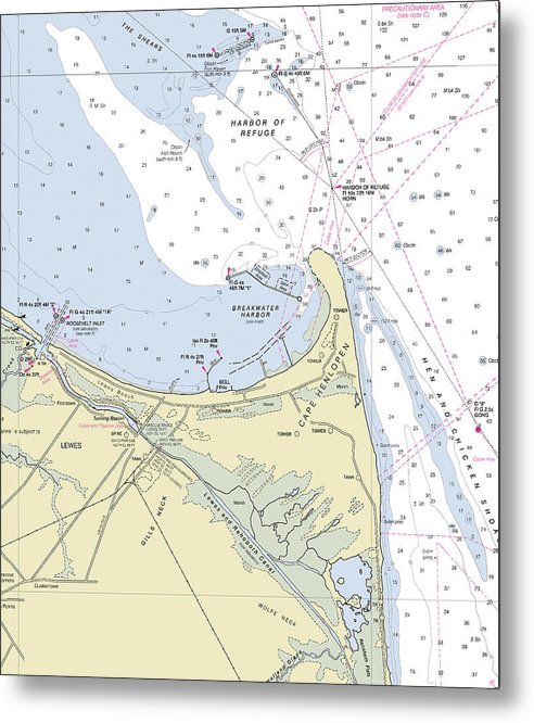 A beuatiful Metal Print of the Cape Henlopen Delaware Nautical Chart - Metal Print by SeaKoast.  100% Guarenteed!