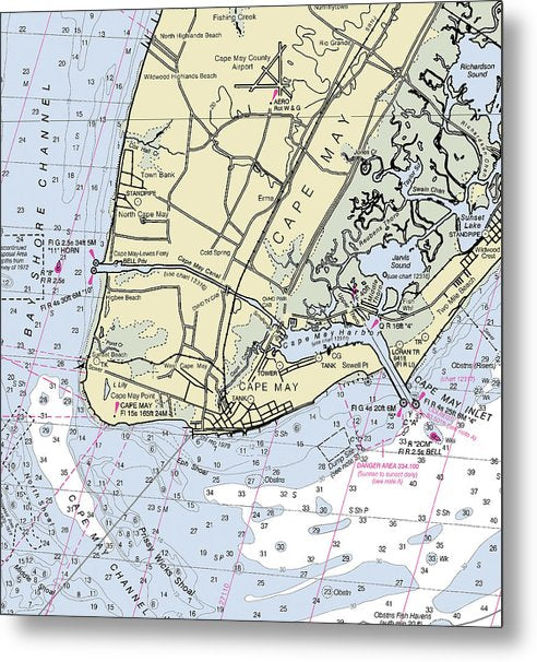 A beuatiful Metal Print of the Cape May Inlet New Jersey Nautical Chart - Metal Print by SeaKoast.  100% Guarenteed!