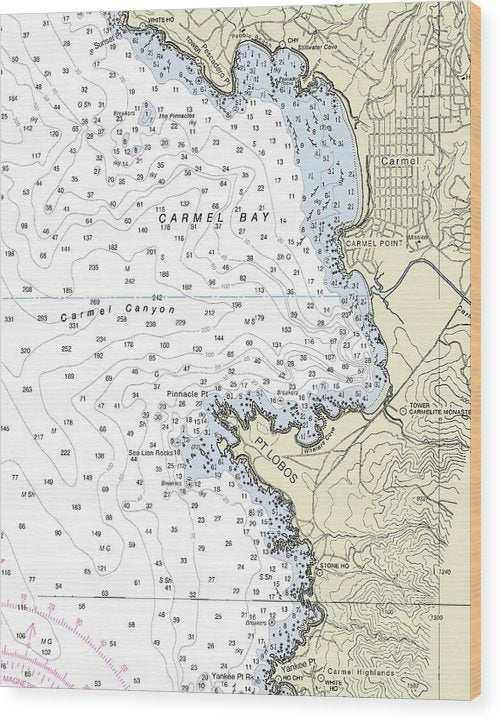 Carmel Bay California Nautical Chart Wood Print
