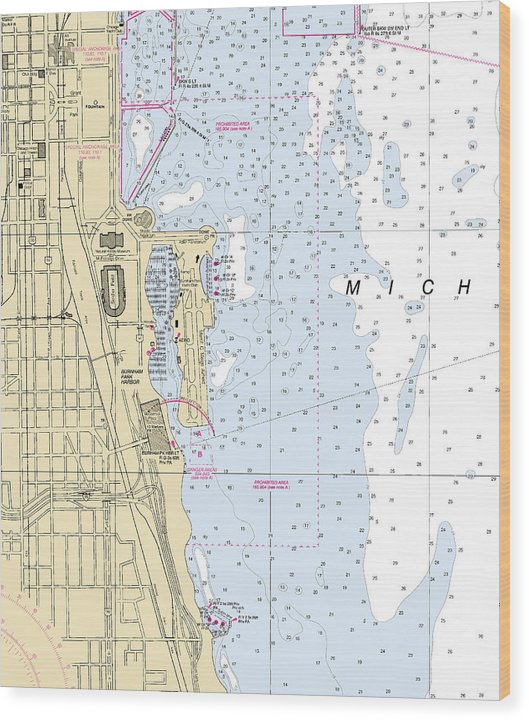 Chicago Burnham Park Harbor-Lake Michigan Nautical Chart Wood Print