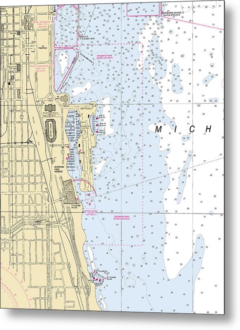 A beuatiful Metal Print of the Chicago Burnham Park Harbor-Lake Michigan Nautical Chart - Metal Print by SeaKoast.  100% Guarenteed!