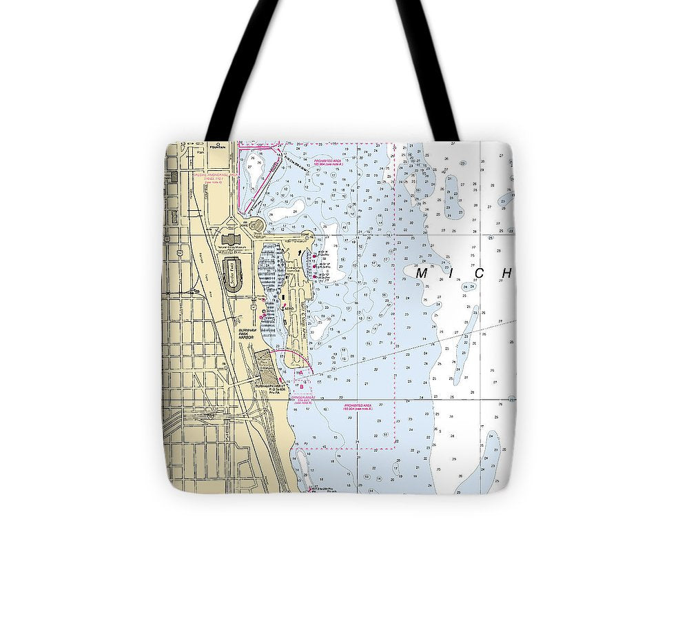 Chicago Burnham Park Harbor Lake Michigan Nautical Chart Tote Bag