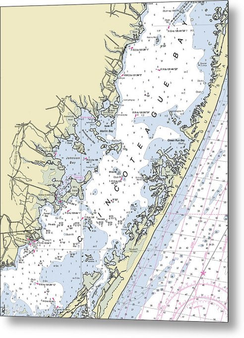 A beuatiful Metal Print of the Chincoteague Bay Maryland Nautical Chart - Metal Print by SeaKoast.  100% Guarenteed!