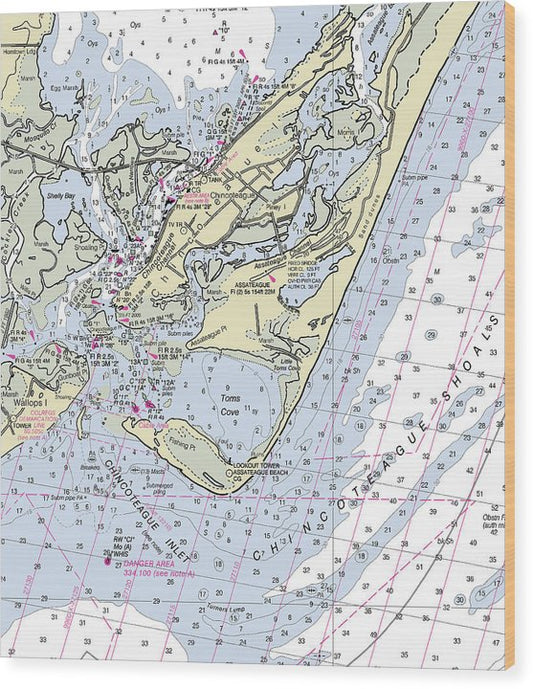Chincoteague Inlet Virginia Nautical Chart Wood Print