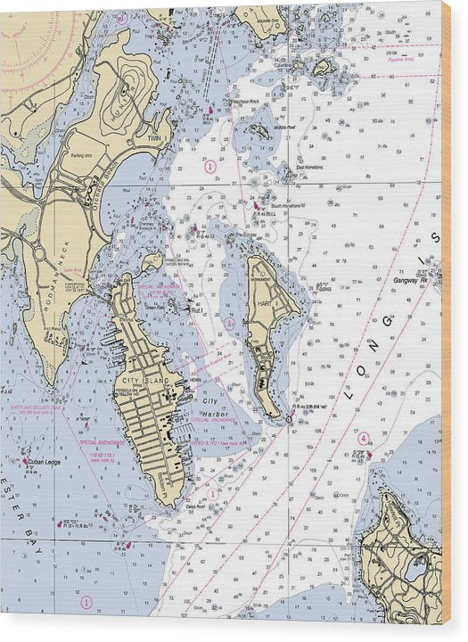 City Island-New York Nautical Chart Wood Print