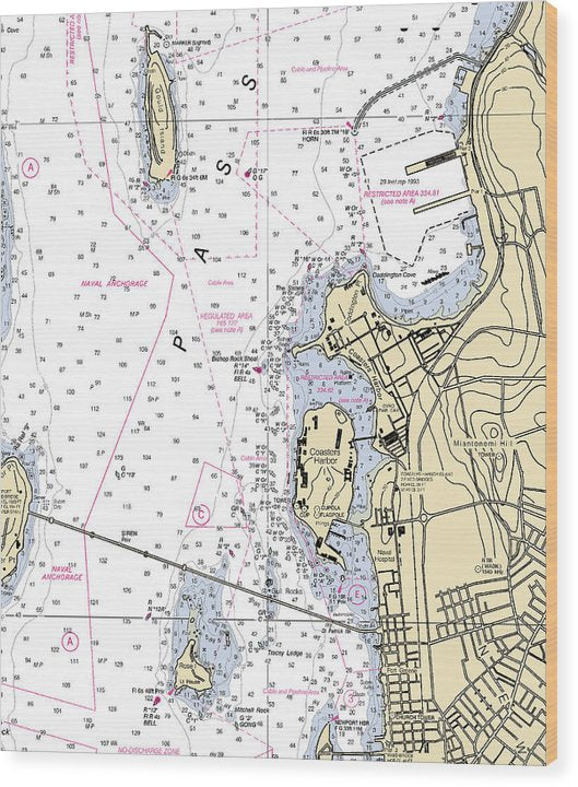 Coasters Harbor-Rhode Island Nautical Chart Wood Print