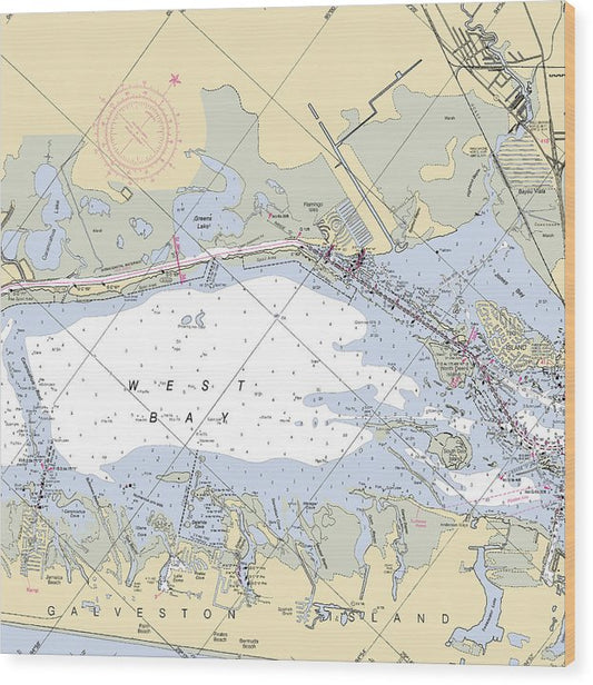 Galveston West Bay-Texas Nautical Chart Wood Print