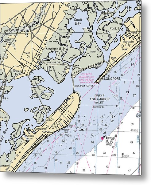 A beuatiful Metal Print of the Great Egg Harbor Inlet -New Jersey Nautical Chart _V2 - Metal Print by SeaKoast.  100% Guarenteed!