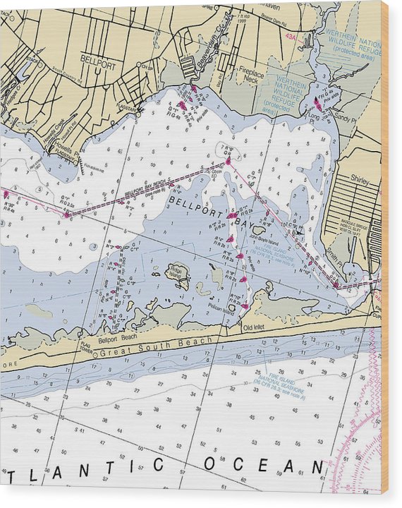 Great South Beach-New York Nautical Chart Wood Print