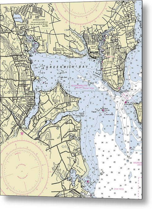 A beuatiful Metal Print of the Greenwich Harbor Rhode Island Nautical Chart - Metal Print by SeaKoast.  100% Guarenteed!