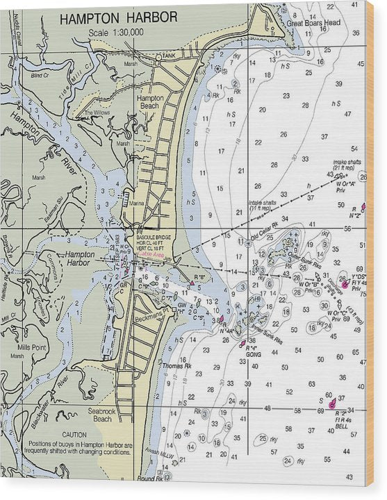 Hampton Harbor New Hampshire Nautical Chart Wood Print