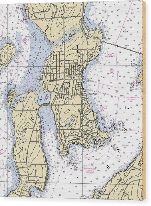 Jamestown -Rhode Island Nautical Chart _V2 Wood Print