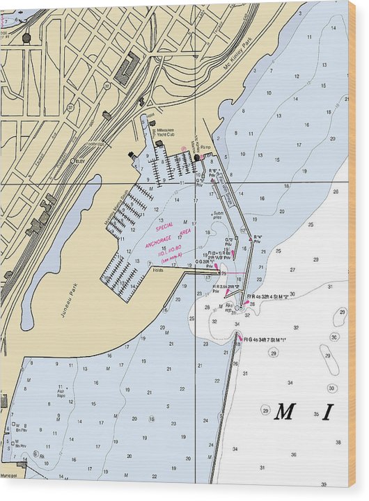 Juneua Park-Lake Michigan Nautical Chart Wood Print