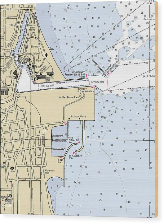 Kenosha Harbor-Lake Michigan Nautical Chart Wood Print