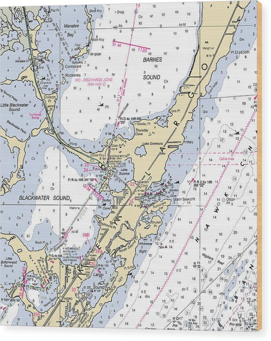 Key Largo Central-Florida Nautical Chart Wood Print