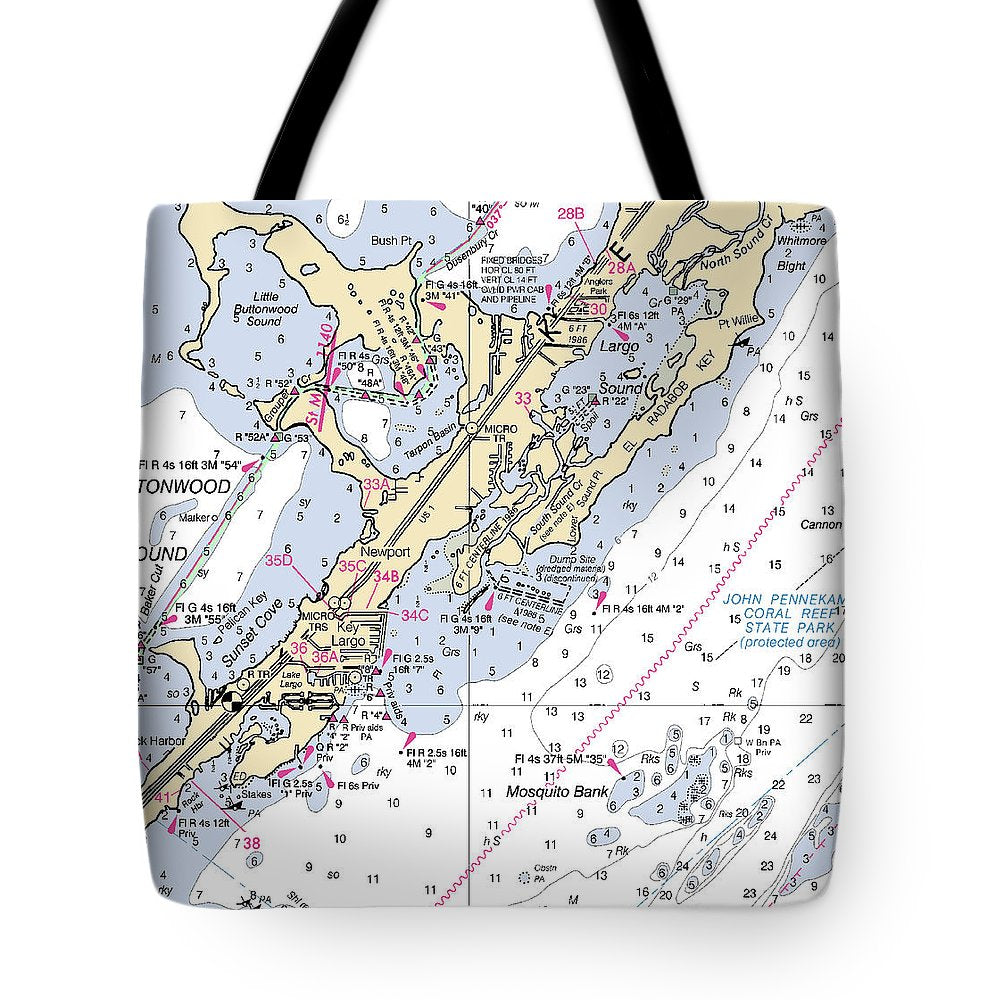 Key Largo South-florida Nautical Chart - Tote Bag