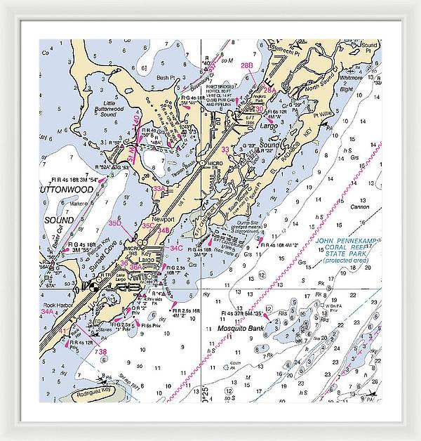 Key Largo South-florida Nautical Chart - Framed Print