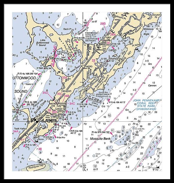 Key Largo South-florida Nautical Chart - Framed Print