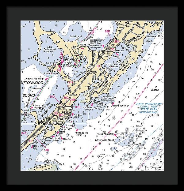 Key Largo South-florida Nautical Chart - Framed Print