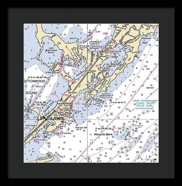 Key Largo South-florida Nautical Chart - Framed Print