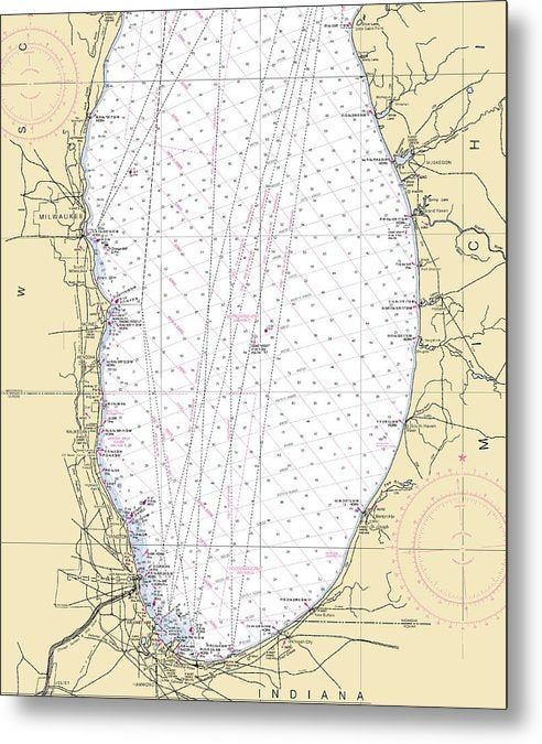 A beuatiful Metal Print of the Lower Lake Michigan-Lake Michigan Nautical Chart - Metal Print by SeaKoast.  100% Guarenteed!