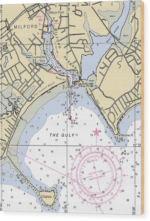 Milford-Connecticut Nautical Chart Wood Print