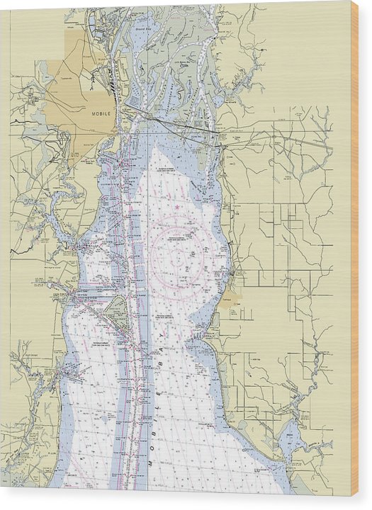 Mobile Alabama Upper Bay Nautical Chart Wood Print