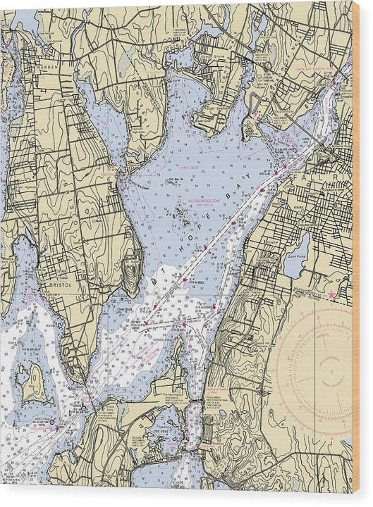 Mt Hope Bay-Rhode Island Nautical Chart Wood Print