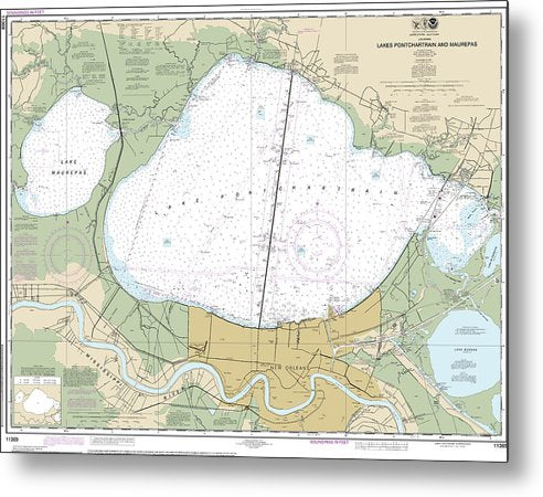 A beuatiful Metal Print of the Nautical Chart-11369 Lakes Pontchartrain-Maurepas - Metal Print by SeaKoast.  100% Guarenteed!