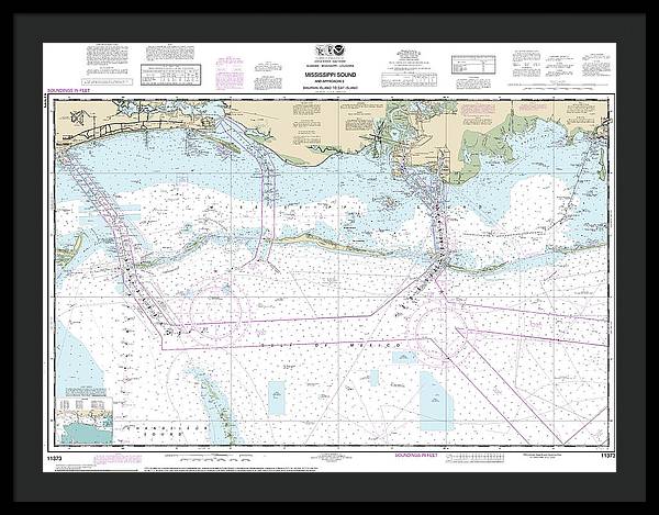 Nautical Chart-11373 Mississippi Sound-approaches Dauphin Island-cat Island - Framed Print