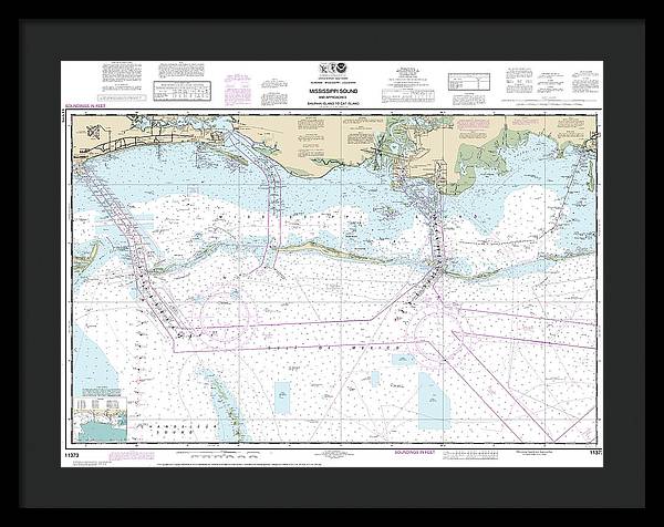 Nautical Chart-11373 Mississippi Sound-approaches Dauphin Island-cat Island - Framed Print