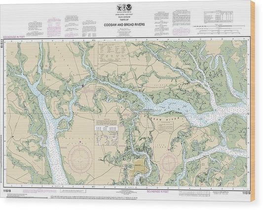 Nautical Chart-11519 Parts-Coosaw-Broad Rivers Wood Print