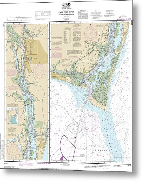 A beuatiful Metal Print of the Nautical Chart-11537 Cape Fear River Cape Fear-Wilmington - Metal Print by SeaKoast.  100% Guarenteed!