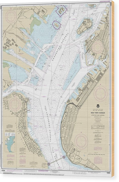 Nautical Chart-12334 New York Harbor Upper Bay-Narrows-Anchorage Chart Wood Print