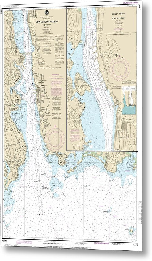 A beuatiful Metal Print of the Nautical Chart-13213 New London Harbor-Vicinity, Bailey Point-Smith Cove - Metal Print by SeaKoast.  100% Guarenteed!