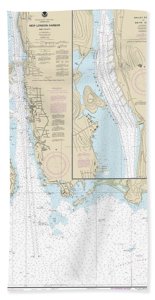 Nautical Chart 13213 New London Harbor Vicinity, Bailey Point Smith Cove Bath Towel